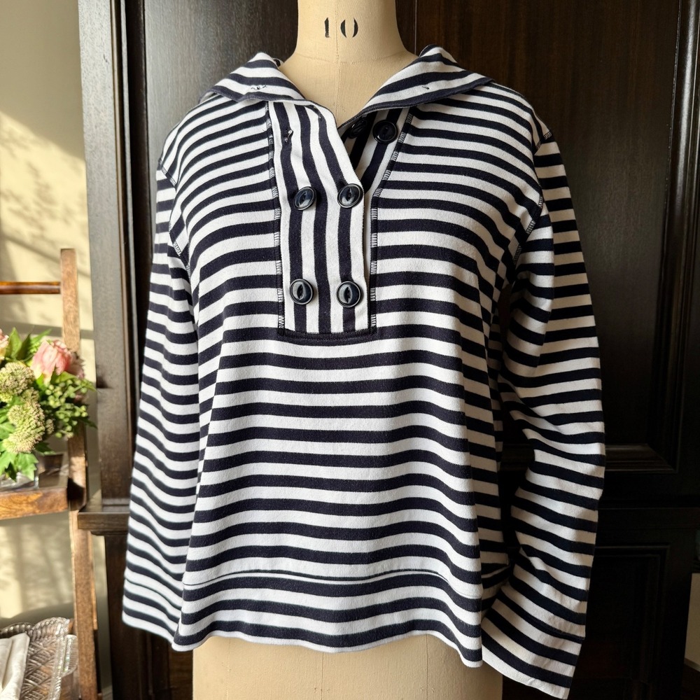 Striped Cowl Neck Sweater Hoodie - Navy & White
